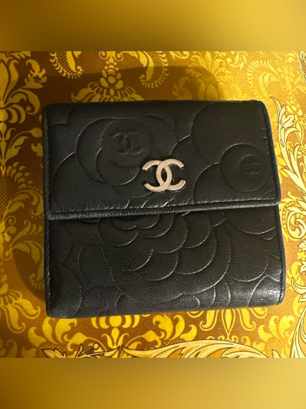 CHANEL Black Camellia Embossed Two Flap Wallet with Silver CC